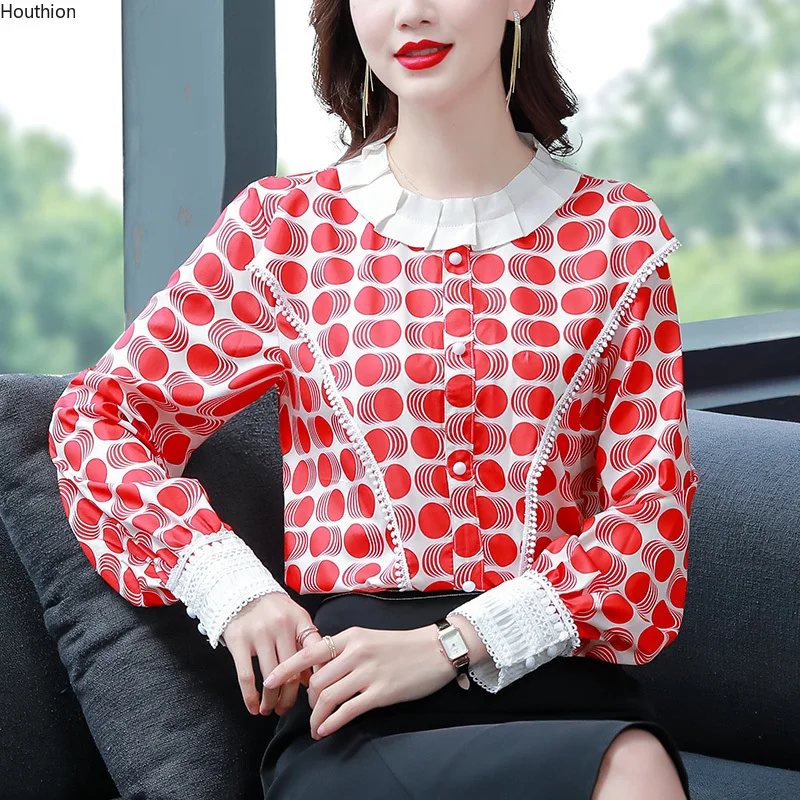 

Summer New Women's Blouses O Collar Shirt Long Sleeve Tops Dot Blouse Girl Chiffon Casual Fashion Lady Loose