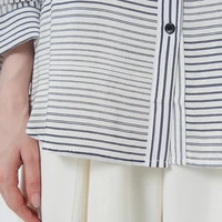 VOA White Background Pinstripes Middle Sleeves Single Row of Contrast Buttons Loose and Casual Boyfriend Style Silk Shirt BJ002