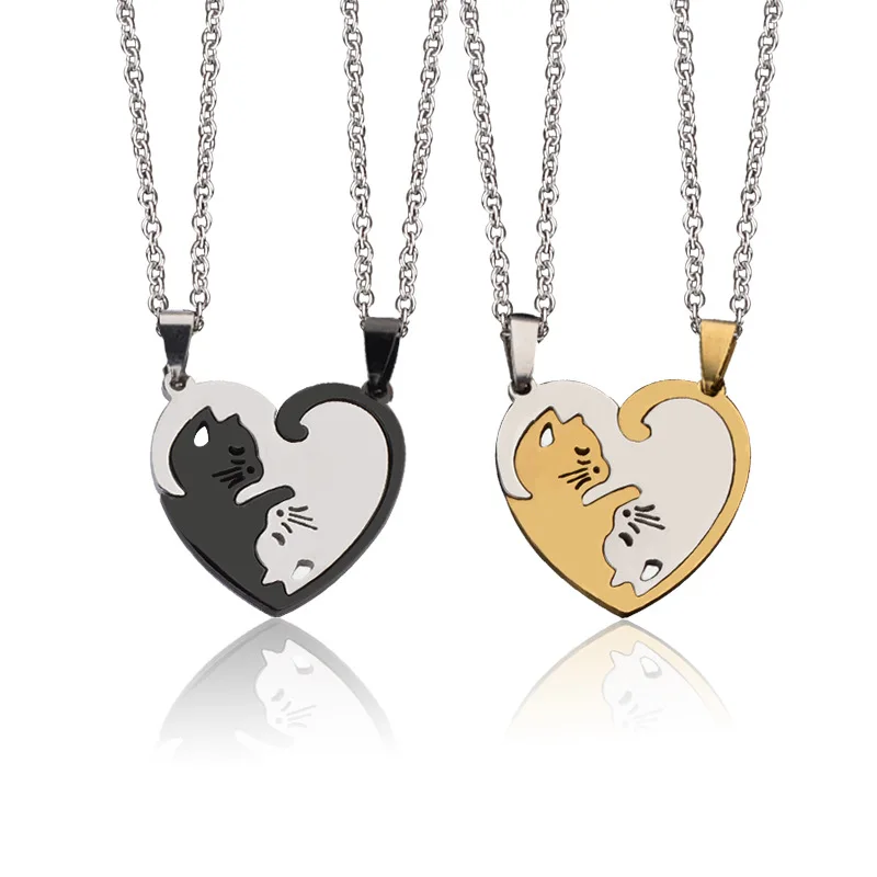 

2021 Explosive Love Couple Kitten Stitching Titanium Steel Necklace Male and Female Student Gift Cat Pendant Tide Jewelry