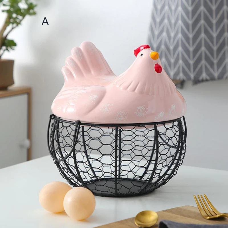 

Metal Wire Basket with Ceramic Hens Cover Fruit Basket Egg Holder Decorative Kitchen Storage Baskets for Household Items MD7