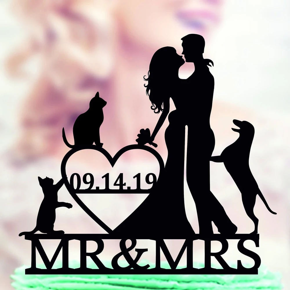 Personalized Wedding cake topper with dog and cat,Couple Wedding Cake Topper dog with mr and mrs date Cake Topper