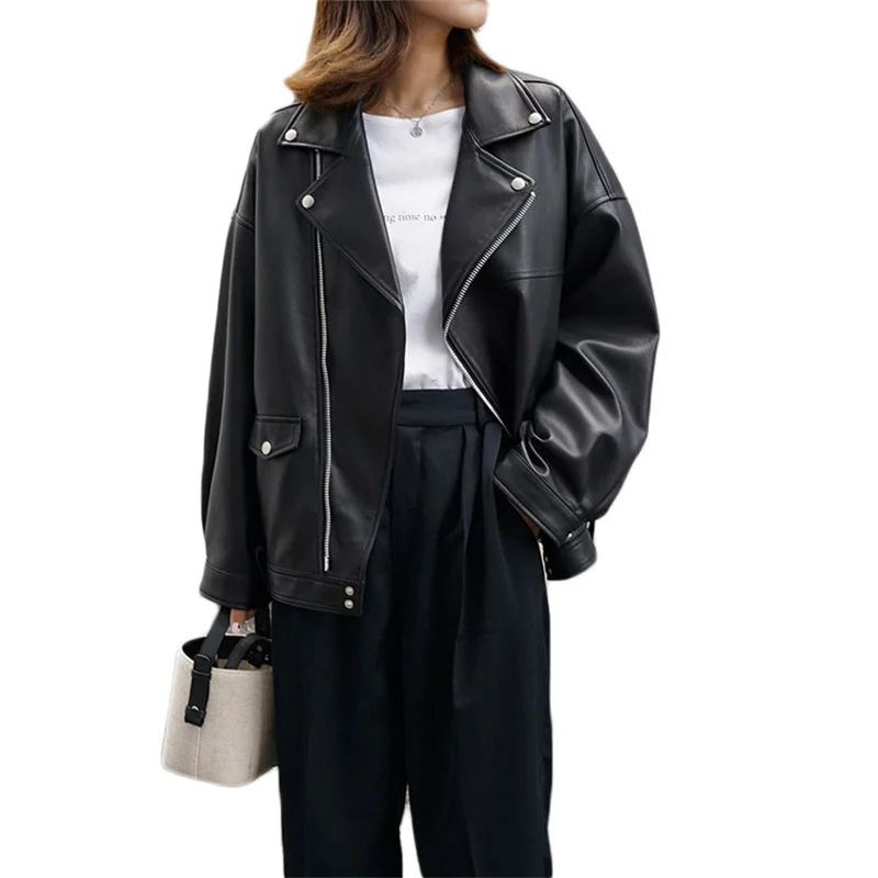 

Leather Jacket Women Autumn 2021 New Korean Version Of The Locomotive Short Loose Lapel Black Fashionable Commuter Coat M373
