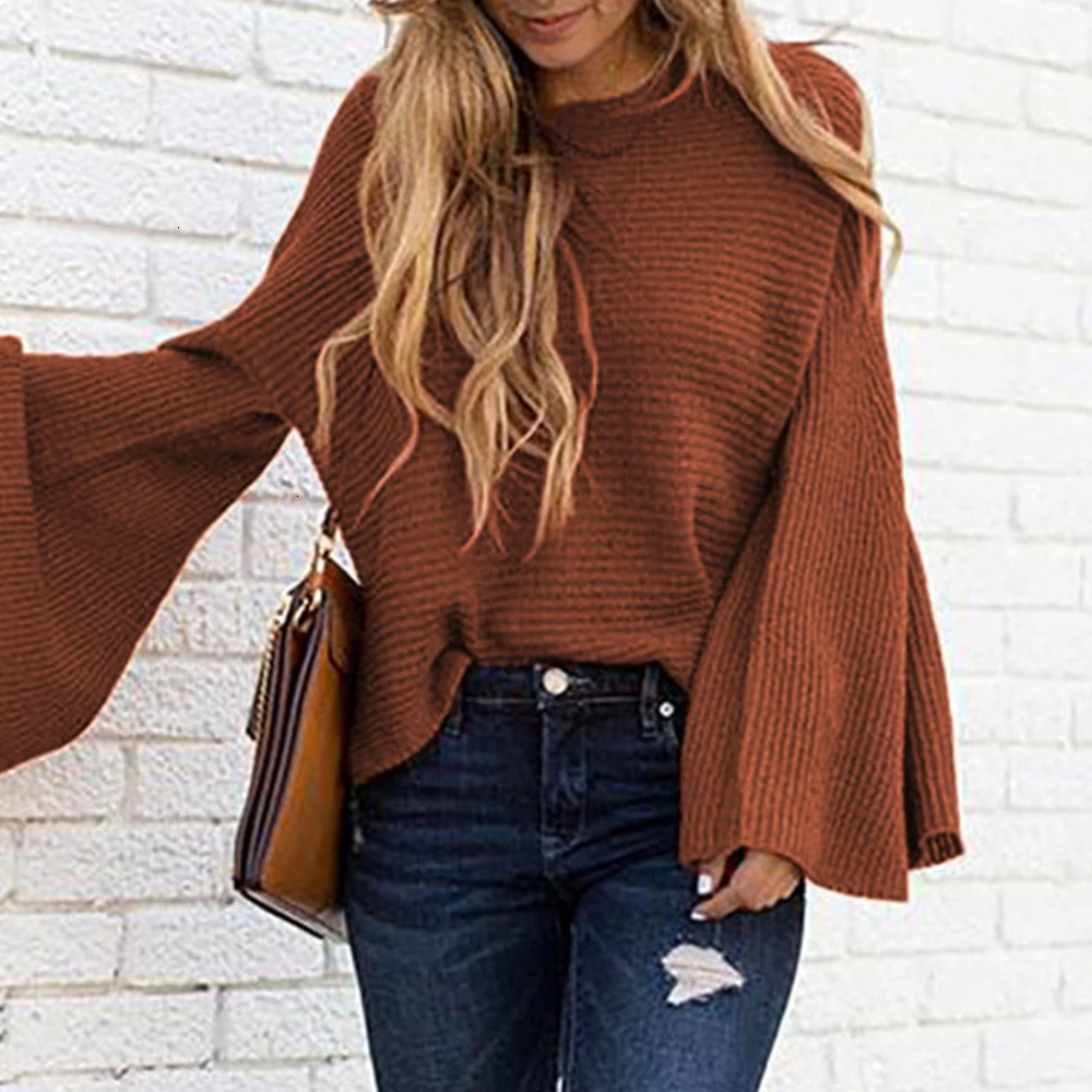 Женский вязаный свитер Jocoo Jolee однотонный Свободный пуловер с расклешенным