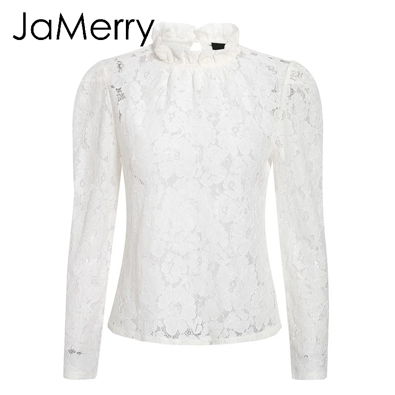 Женская винтажная кружевная блузка JaMerry элегантная белая Просвечивающая офисная