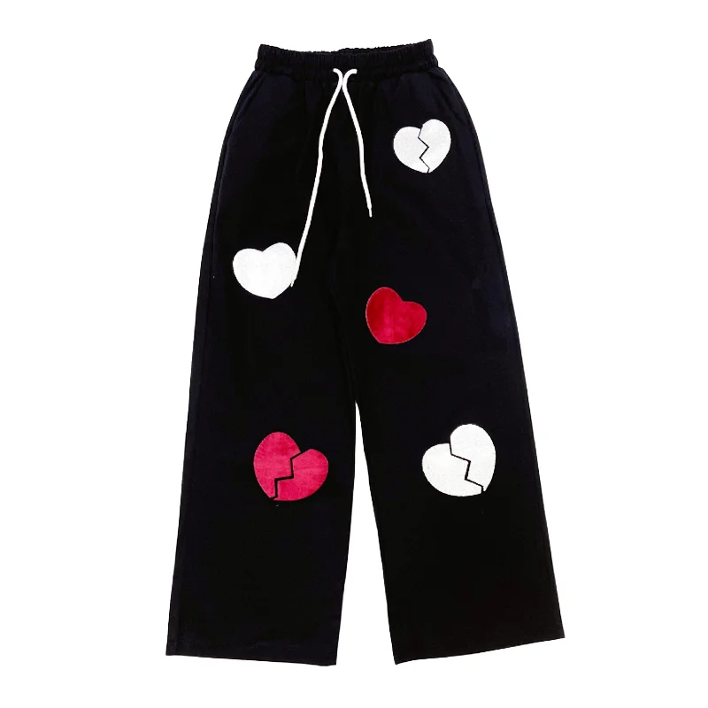

Spring Pants High Street Hip Hop Loose Wide Leg 100%Cotton Fashion Sequined Velvet Love Printed Casual Men Women's Trousers