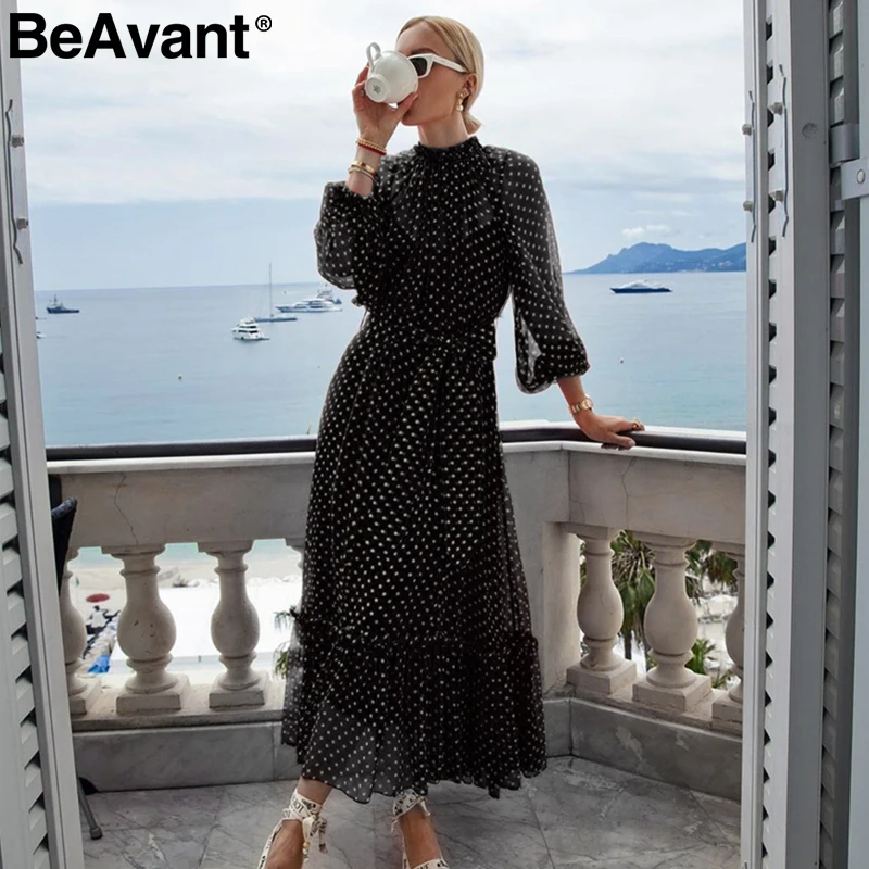 BeAvant, красное платье в горошек, Осень-зима, женское, элегантное, с рукавом-фонариком, длинное, для вечеринок, с рюшами, с круглым вырезом, черное, для девушек, vestidos