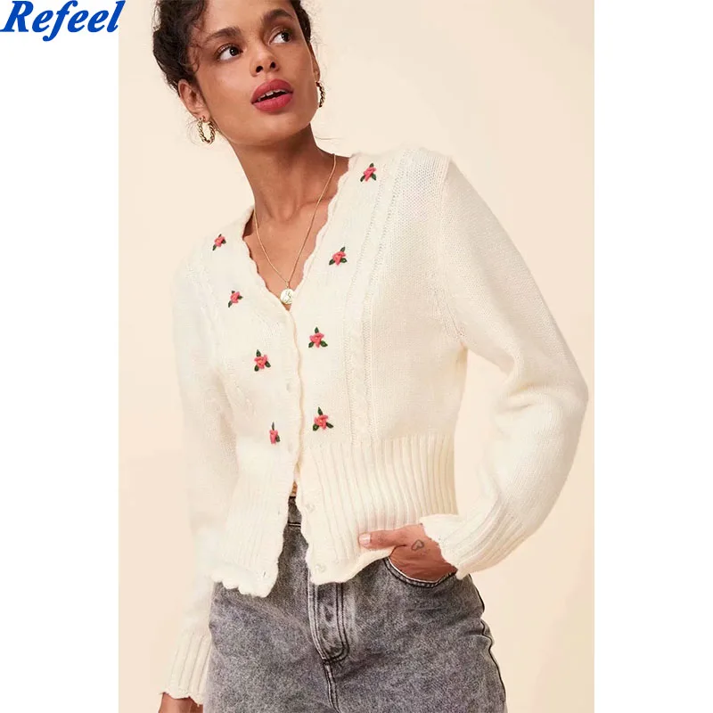 

2020 French France White Emile Cardigans Floral Embroidery Women Sweater Vintage Buttons Long Sleeve Knitted Sweater