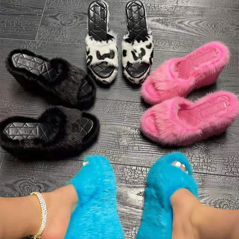 2021 женские тапочки на высоком каблуке сексуальные хлопковые женская меховая