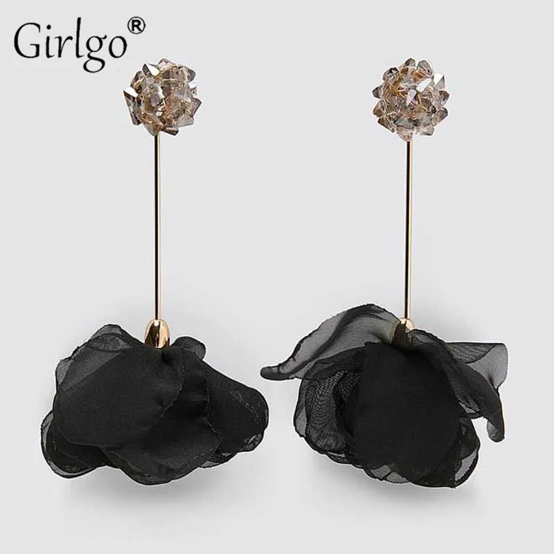 Серьги Girlgo 2020 ZA в Корейском стиле женские кружевные с черными цветами бантом