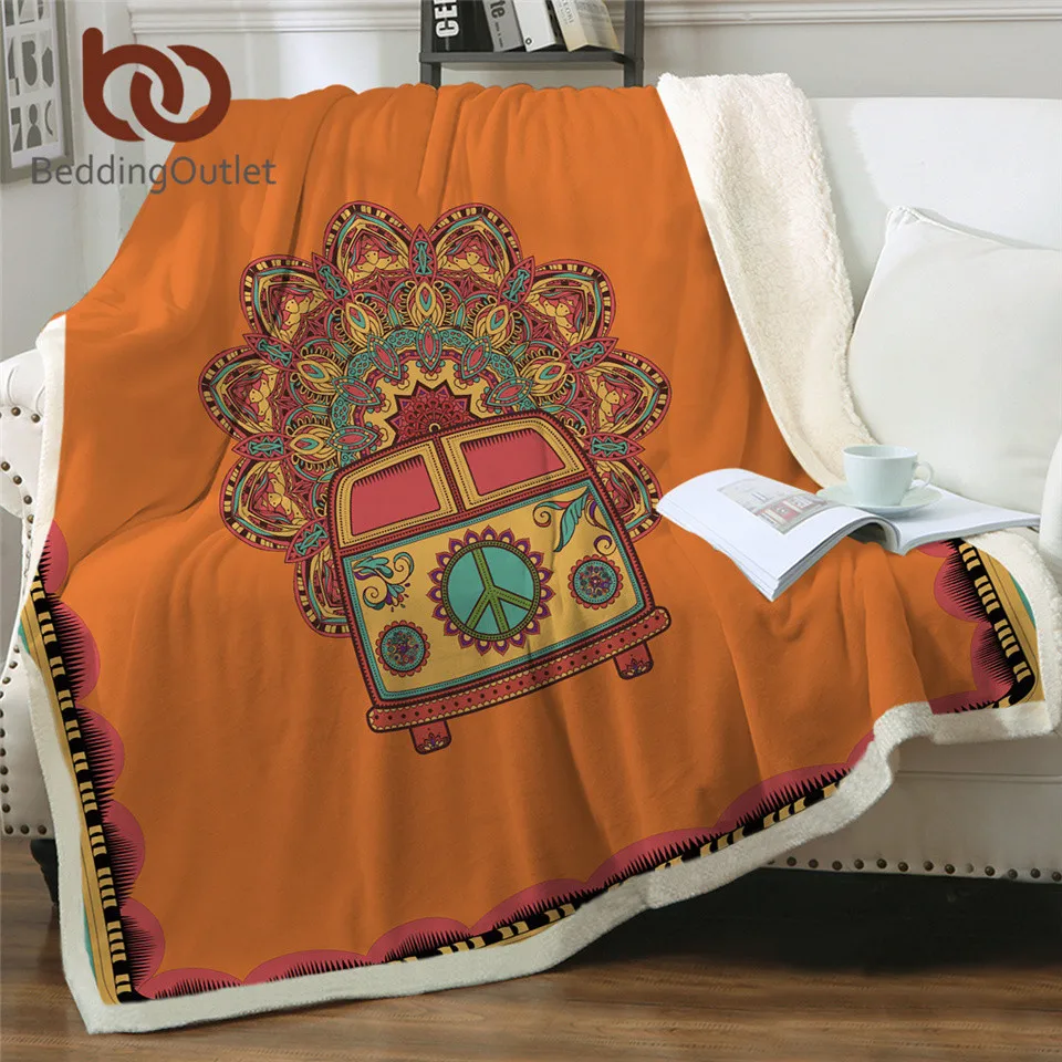 

BeddingOutlet Hippie Vintage Car Velvet Plush Throw Blanket Orange Mandala Sherpa Blanket for Couch Bohemian Mini Van Thin Quilt