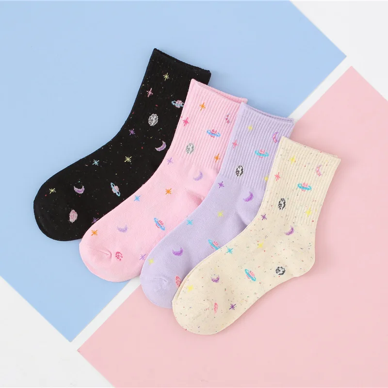 Женские хлопковые носки с ярким рисунком Луны и звезд оригинальные повседневные