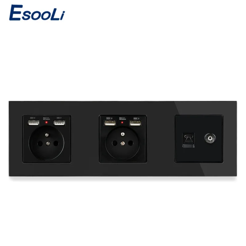 Двойная французская стандартная розетка со стеклянной панелью ESOOLI с 4 USB портами