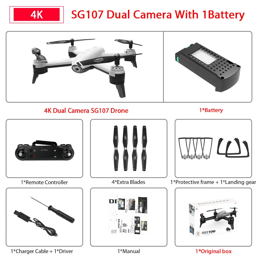 4K White SG106 1B SG106 WiFi FPV Радиоуправляемый Дрон с 720P или 1080P или 4K HD двойной камерой оптический поток воздушный видео Радиоуправляемый квадрокоптер для игрушек Детский Радиоуправляемый Дрон - Цвет: 4K White SG106 1B