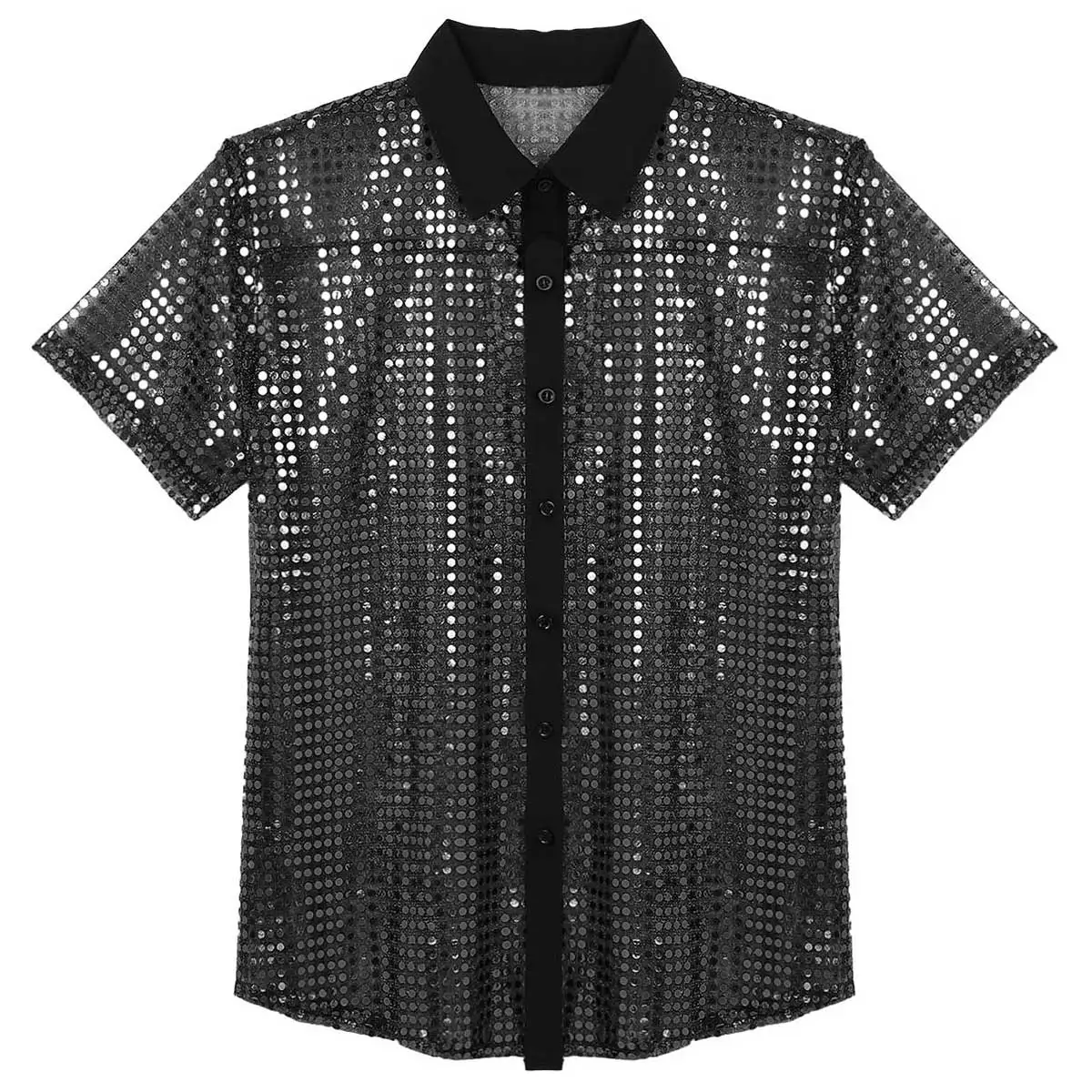 

Men Jazz Dance Costume T-Shirts Tops Shiny Sequins Short Sleeves Turn-down Collar Button Down Shirts Dancewear Performance Wear