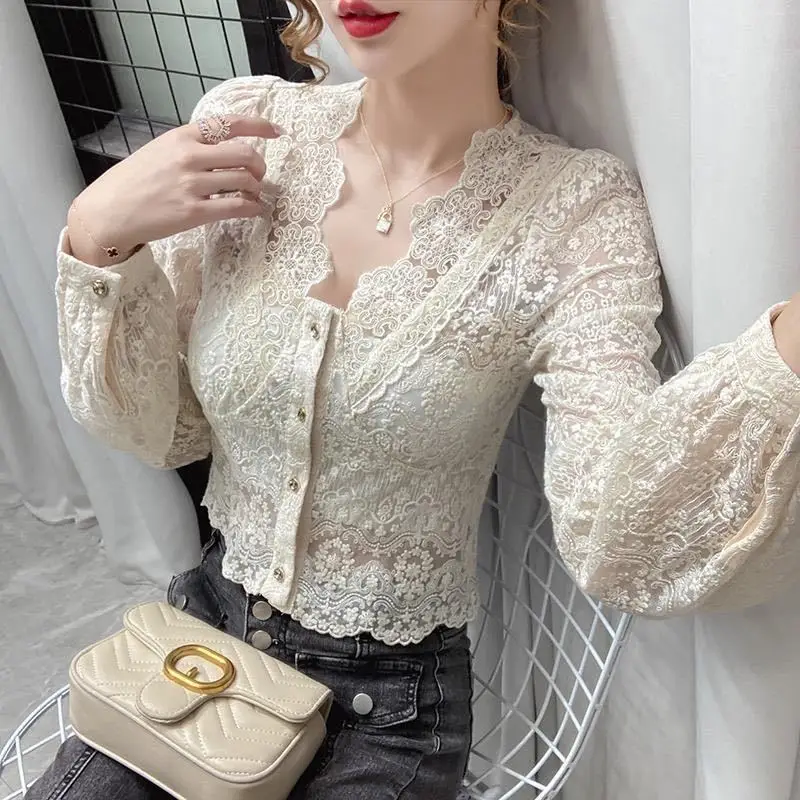 

V-neck Shirt Puff Sleeve Chiffon Shirt Long Sleeve Hollow-out Lace Tops Women Blusas Ropa De Mujer