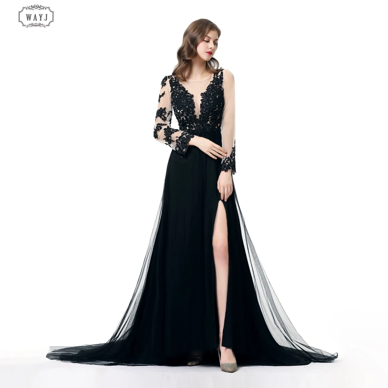 

2021 New Black Evening Dress Female Long Tail Long Sleeve Split Sexy Prom Party Host Event Catwalk Gowns Elegant Temperament