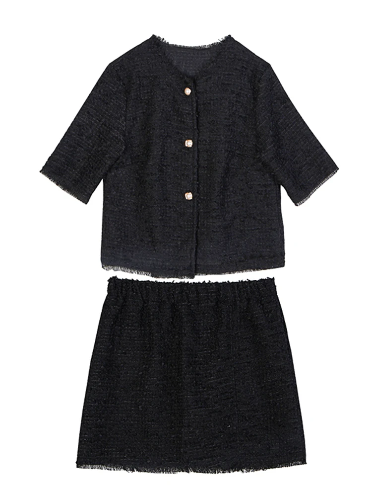 

Solid color single-breasted round neck jacket two-piece suit women's autumn new style + elastic waist bag hip skirt suit