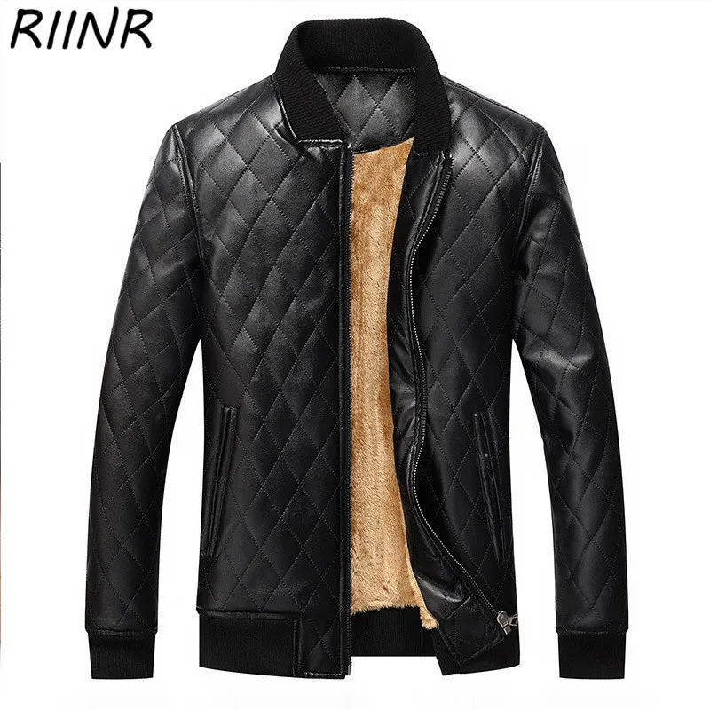 RIINR New Solid Color Winter Men's Pu Jacket Stand Collar Zipper Thick Warm Jackets Man Casual Male Coat US Size S-2XL | Мужская