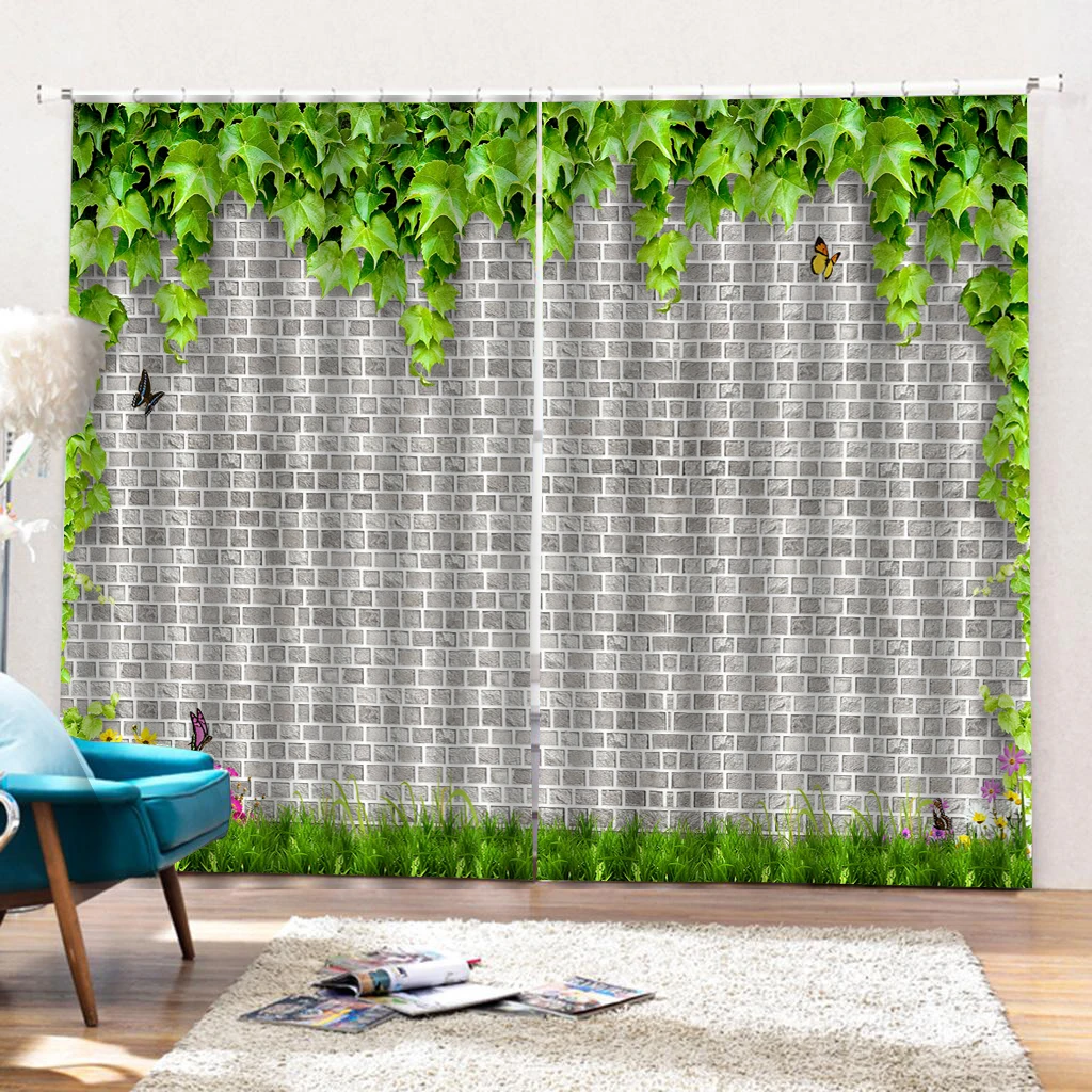 Винтажные шторы с зелеными листьями занавески рисунком кирпичной стены в