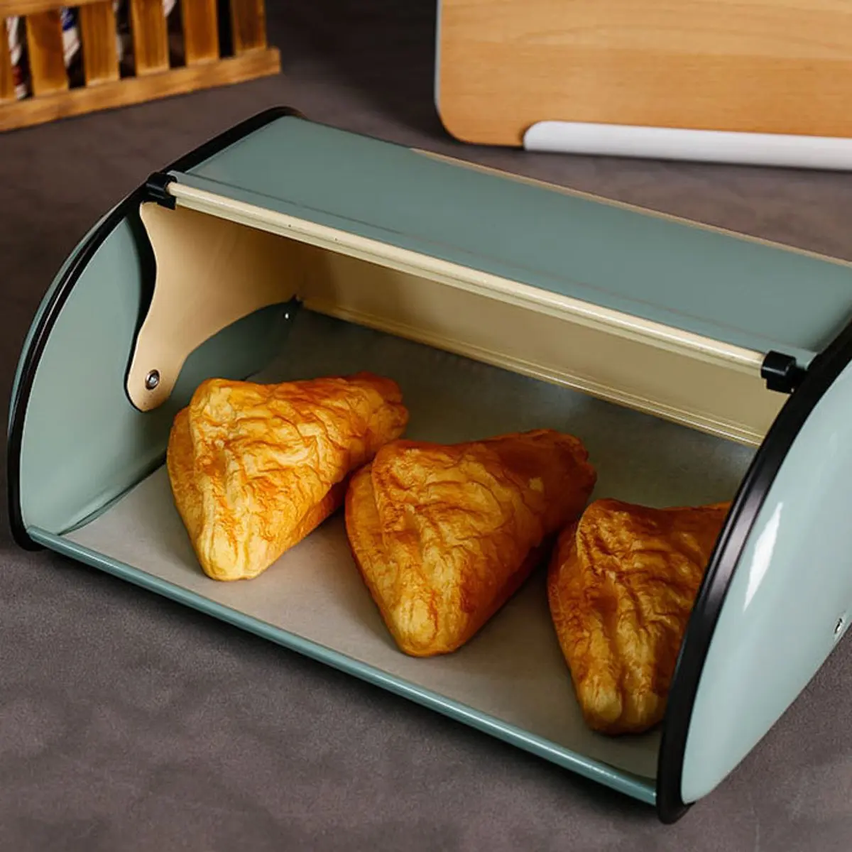 

New French Vintage Bread Box Storage Bin Rollup Top Blue Small Powder Coated Bread Iron Snack Organizador for Kitchen Organizer