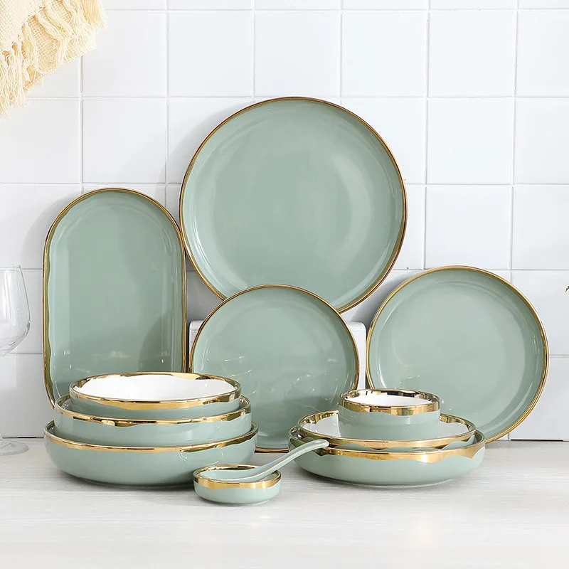 

Nordic creative household tableware Phnom Penh ceramic dish plate rice bowl steak plate combination light green minimalist style