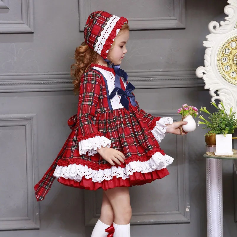 

Christmas Birthday Baby Girl Autumn Winter Red Plaid Vintage Spanish Pompom Ball Princess Lolita Dress with Hat Pants