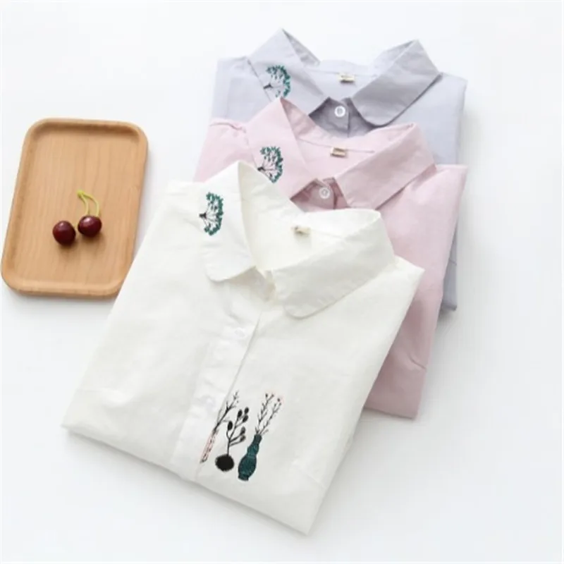 Женская Свободная блузка с цветочной вышивкой Офисная рубашка длинным рукавом