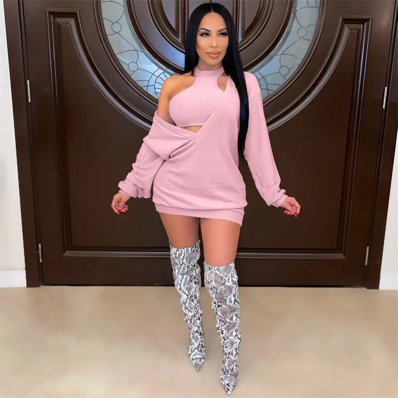 

Women Knitted 2 Piece Dress Sets Fall Winter Solid Halter Tube Tops Off Shoulder Deep V-neck Long Sleeve Dresses Matching Sets
