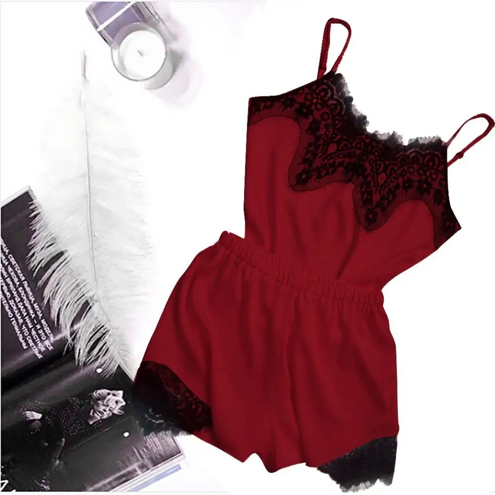 Sexy Satin Women Sleepwear Set Solid Color Casual Nightwear Lace Sling Shorts Pajama Lingerie Koronkowa Pizama 2020 New Hot | Женская