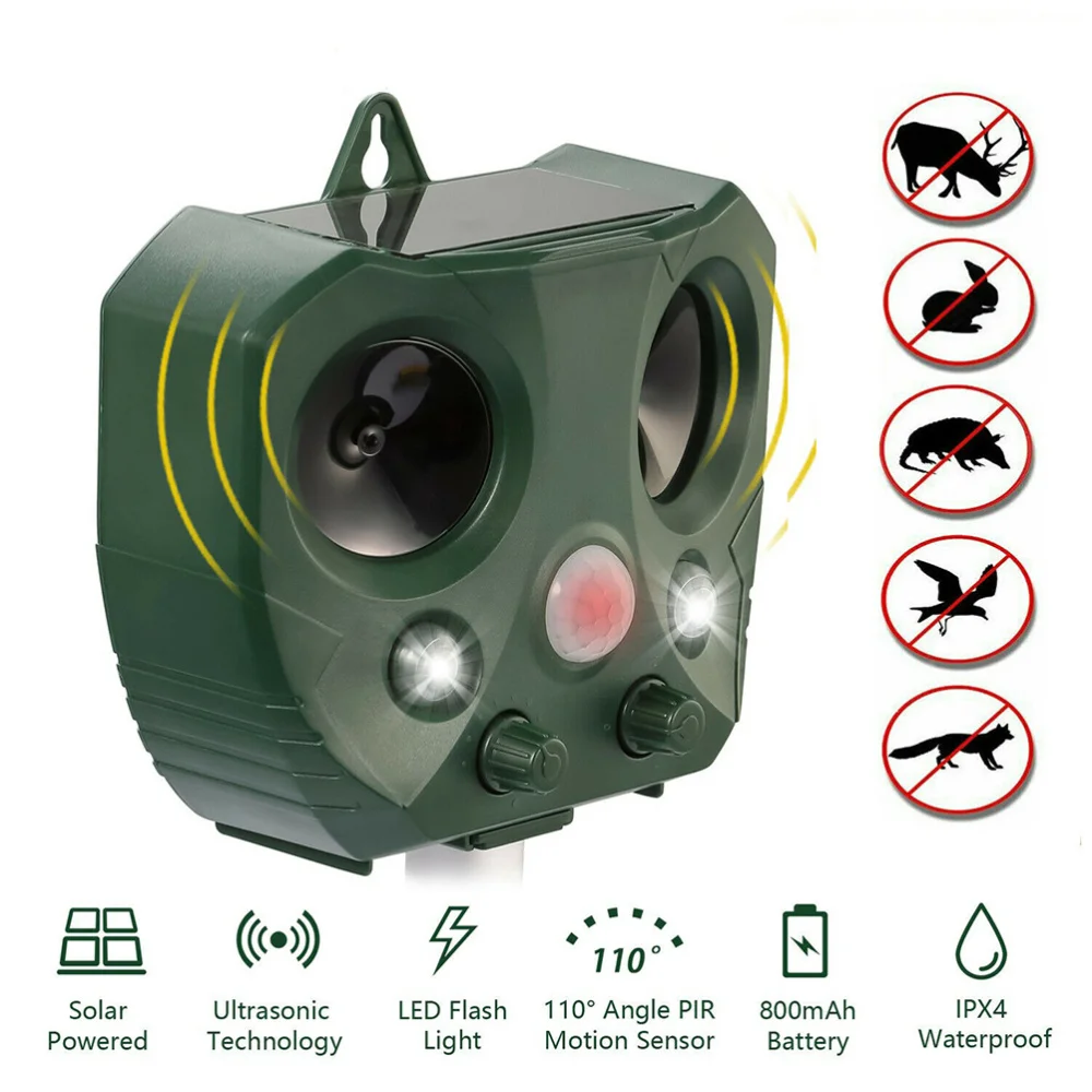 

Ultrasonic Animal Repellent Solar Powered Pests Repeller with Flashing Light IP 44 Waterproof with Motion Sensor
