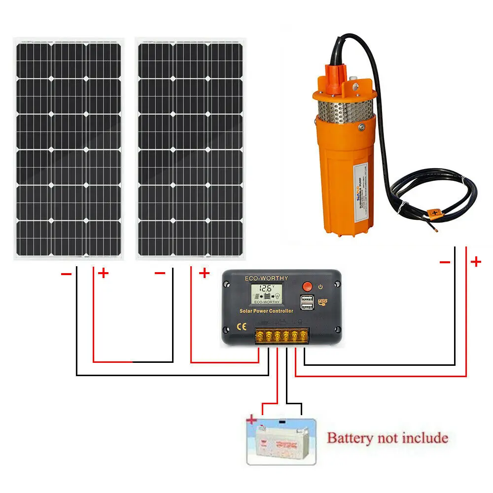 2 шт. 100 Вт моно солнечные панели и 24В водяной насос для глубокого колодца 15А