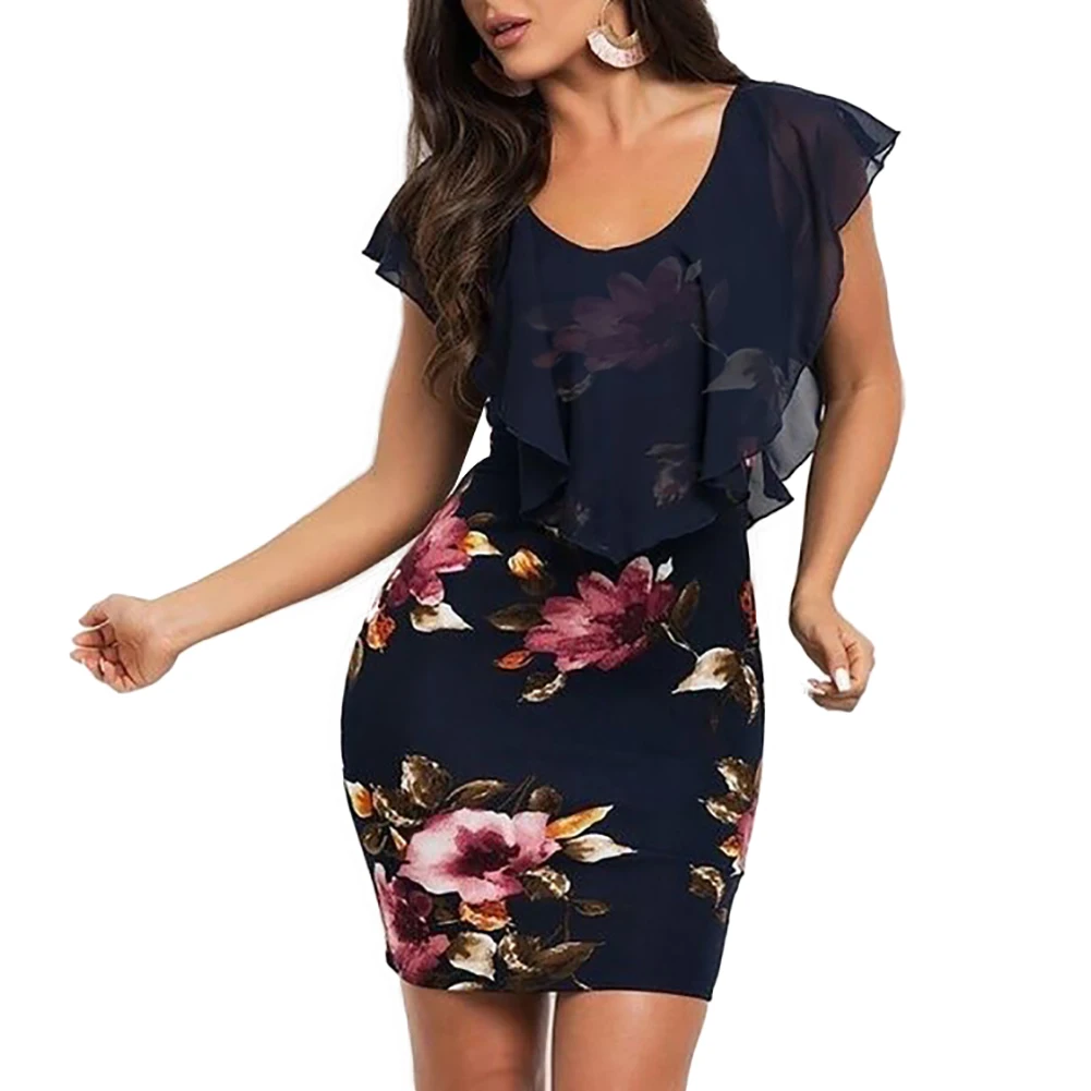 

Plus Size Women Fashion Irregular Layered Flower Print Party Bodycon Mini Dress