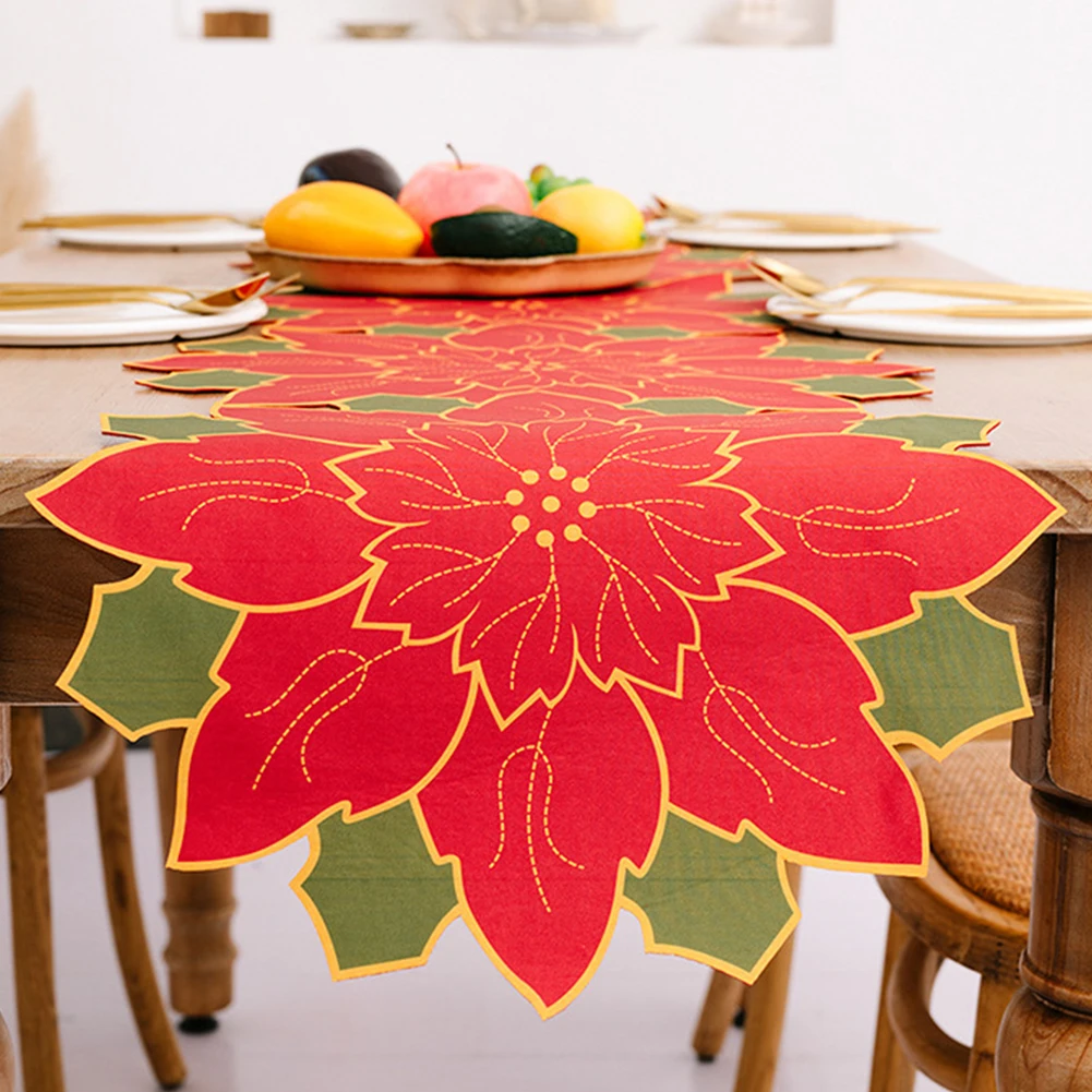 

Christmas Table Runner Table Cloth Red Poinsettia Flower Tapestry StyleDinning Table Decoration Christmas Decor Tableware Cloth