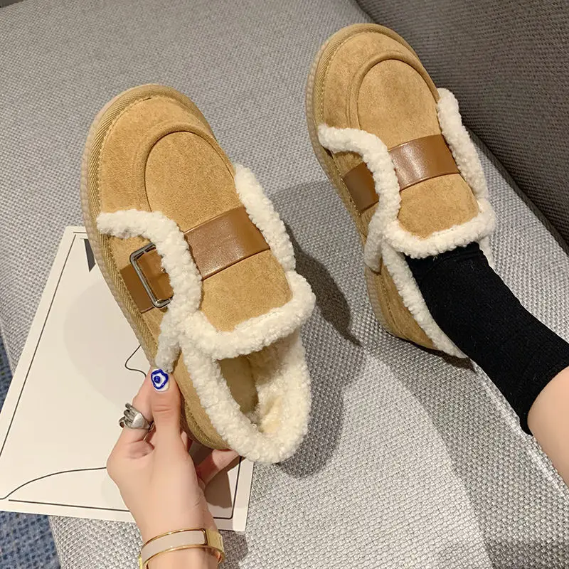 

Apanzu Winter New Arrival Cotton Shoes Flat Heel Round Toe Plush Suede Loafers Women Snow Flats Students All-match Ankle Boots