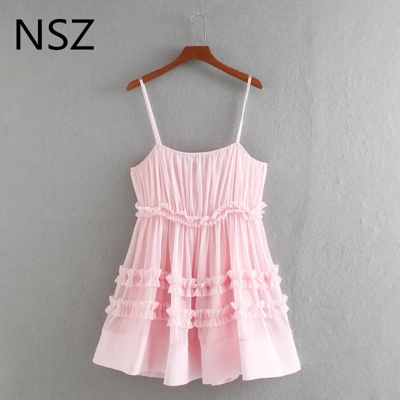 Женское Тюлевое платье пачка NSZ розовое Сетчатое Летнее мини на бретельках