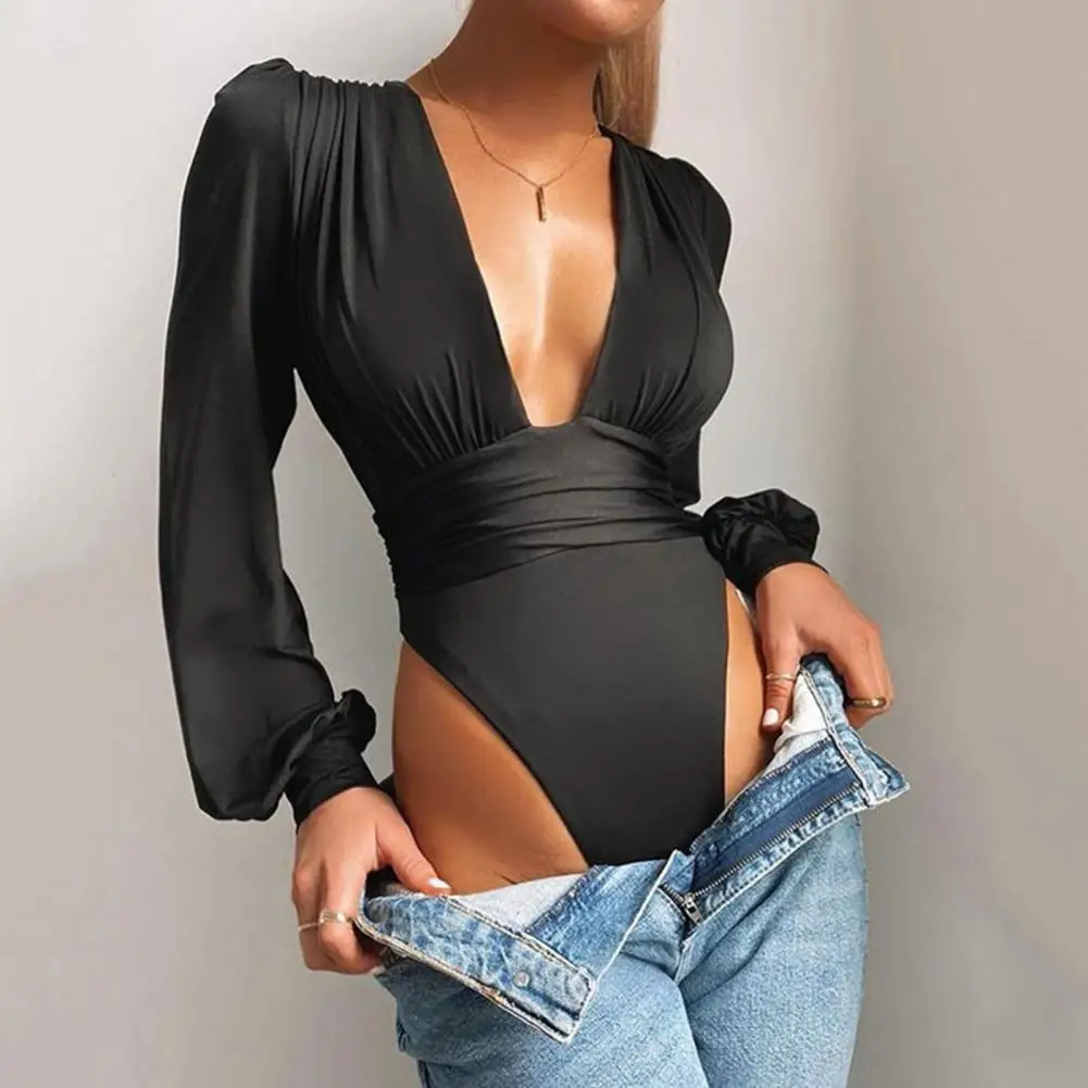 

Solid Color Long Sleeve Puff Deep V-neck Tight One-piece Shorts Women's 2021 Summer Fashion New Sexy One-piece Shorts