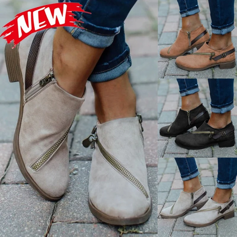 Zapatos informales Retro para mujer, botas de tacón bajo con cremallera y punta redonda, de tacón grueso, talla 35-43