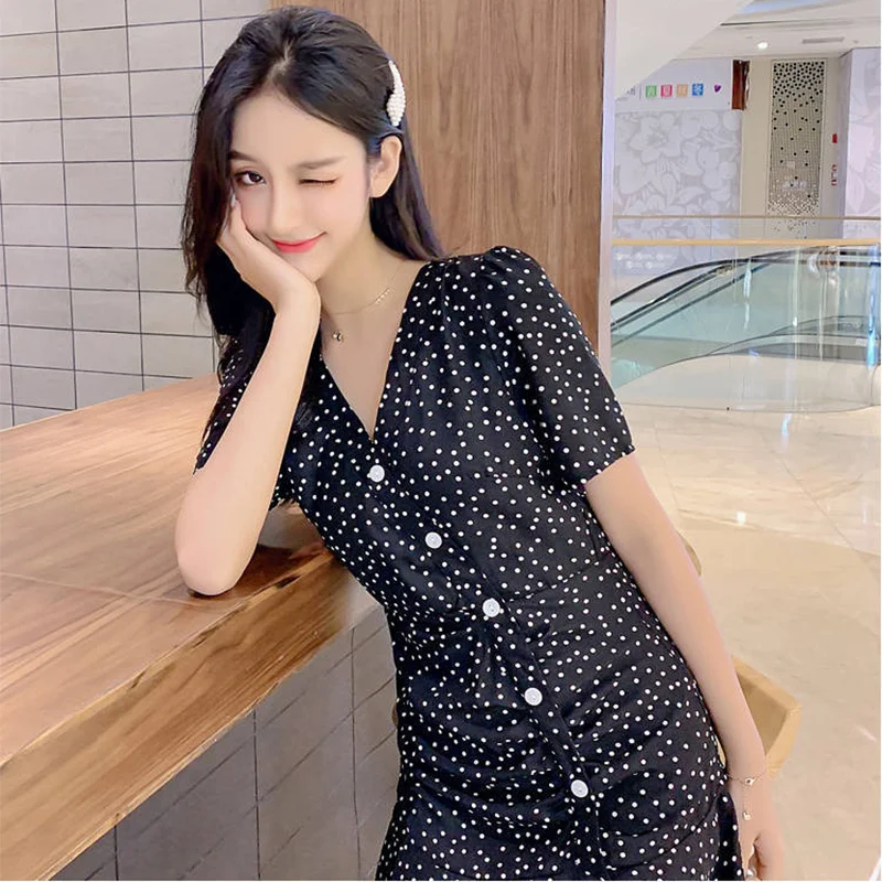 

2021 Womens Fashion Short Sleeve Dress Summer Elegant Polka Dot V-neck Oblique Breasted A-line Short Dress Slim Fit Short Dress