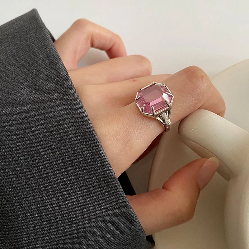 

Silvology Real 925 Sterling Silver Pink Crystal Rings for Women Geometry Shine Light Luxury Korea Rings Minimalist Jewelry Gift