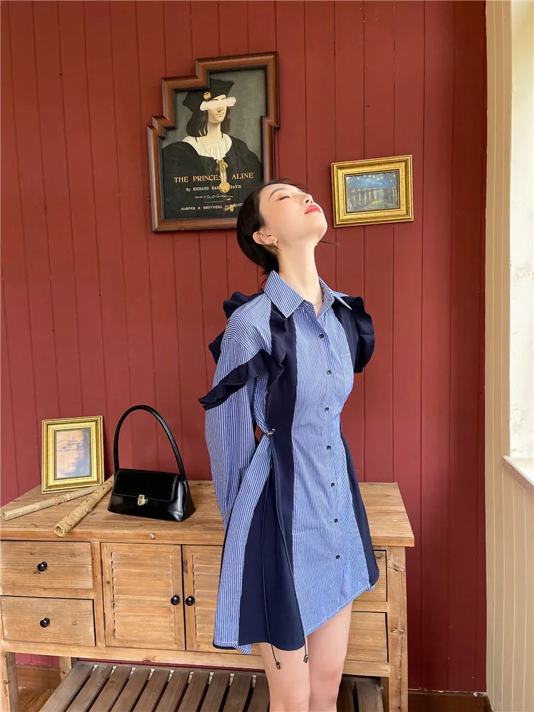 

Summer Office Lady Irregular Drawstring Design Turn-Down Collar Stripe Print Patchwork Shirt Single Breasted Loose Dress Women