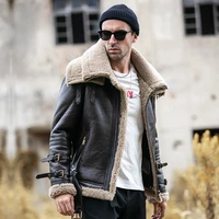 natural sheepskin leather fur in one mens shearling coat genuine leather short motorcycle jacket double layer collar flight suit