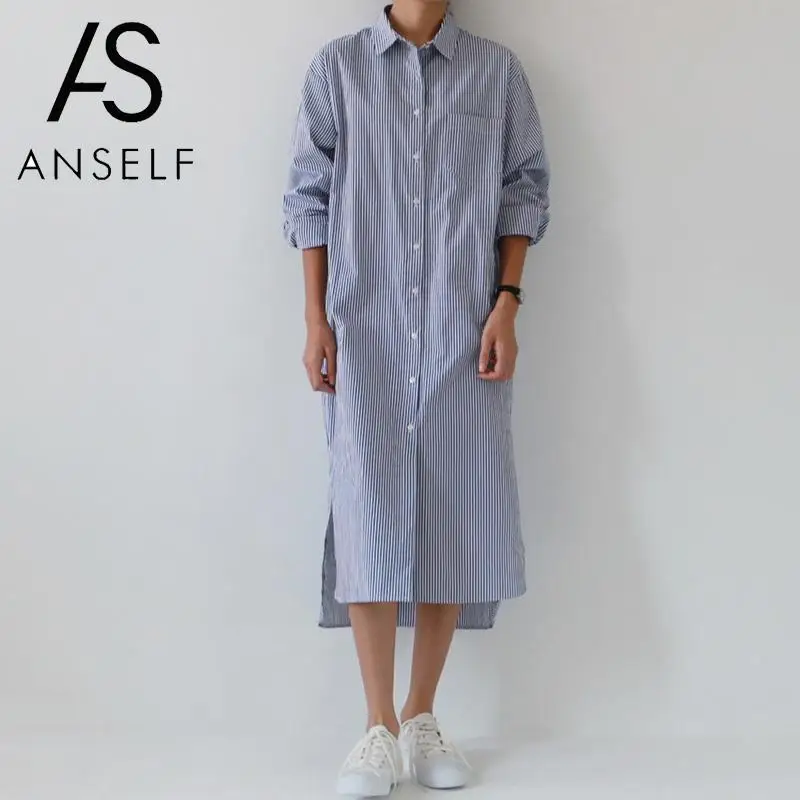 Женское платье рубашка в полоску с отложным воротником и длинным рукавом|Женские