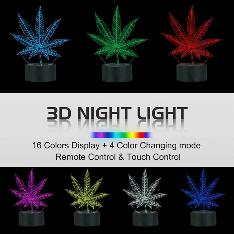 

3D Night Lights,Cannabis Leaf Illusion Lamp with Remote Control 16 Colors Changing,for Table Desk/Bedroom Decor