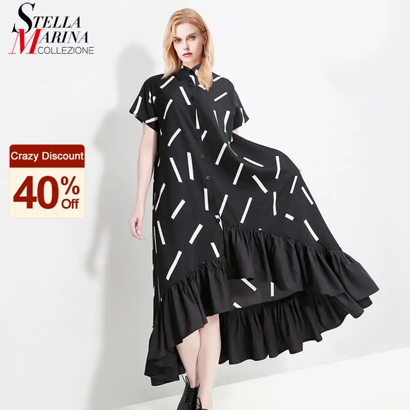 Женское платье-рубашка в полоску повседневное длинное черное платье с оборками