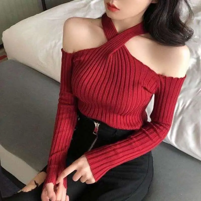 

Sexy Knitted Sweater Famale Short Women Jumper Off Shoulder Tops Harajuku Sweaters 2020 Korean Ladies Women'S Pullovers