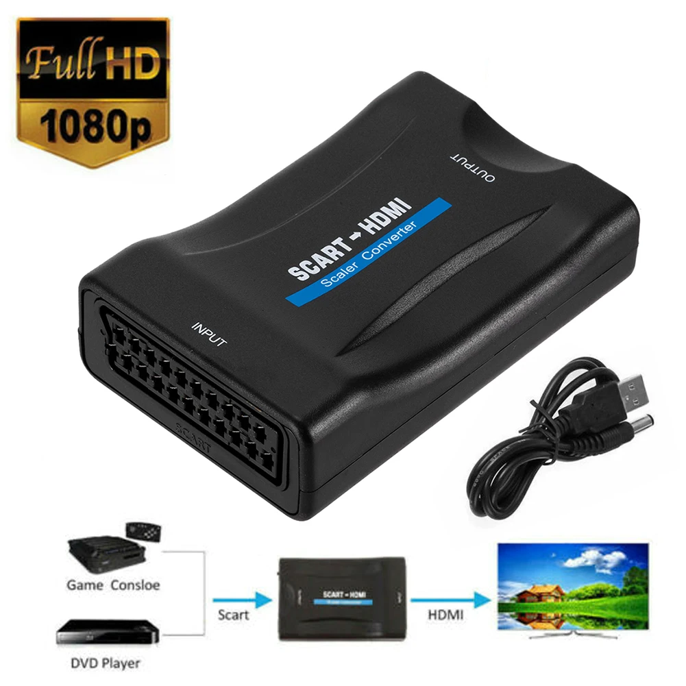 Высококлассный преобразователь сигнала 1080P SCART в HDMI HD приемник ТВ подключи и