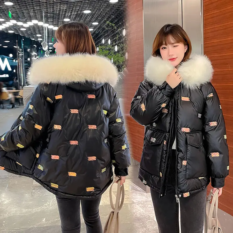 

2021 Winter New Bright Color Parka Coat Slim Fit Fur Collar Zipper Windproof Sequin Pocket Women's Jacket Winter Clothes Women