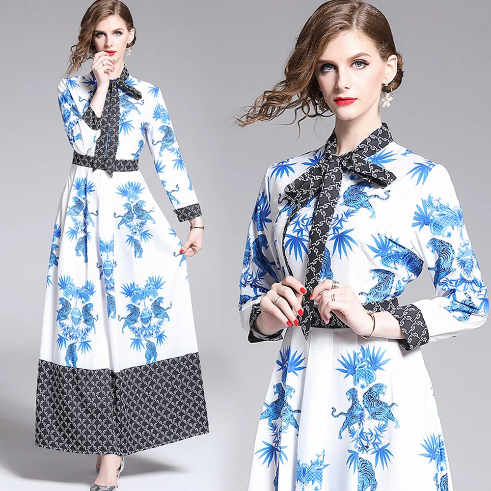 Элегантное подиумное платье макси 2020 Женская мода галстук бабочка Шея винтажный