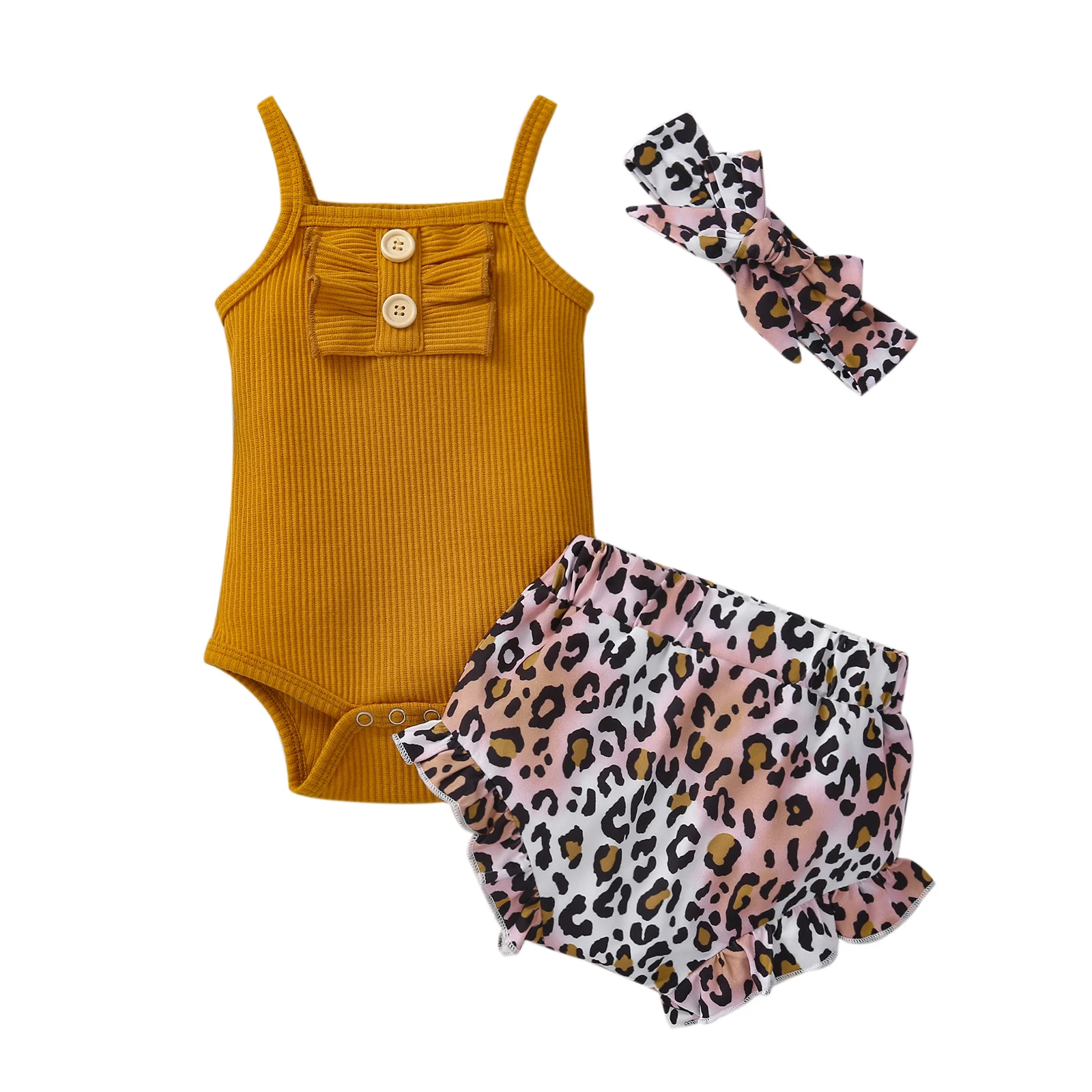 

Комплект летней одежды из трех предметов для маленьких девочек, однотонный комбинезон имбиря + шорты с леопардовым принтом + головной убор, ...