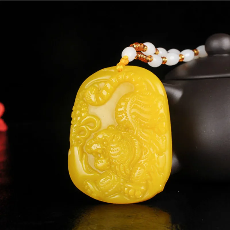 Натуральный желтый китайский нефритовый тигр подвеска бусины ожерелье модные